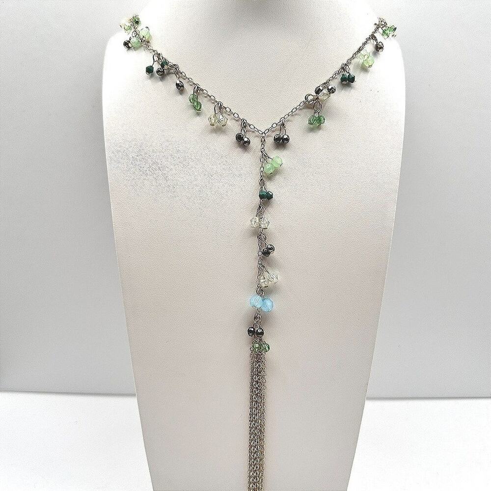 Vintage 80 Gold Tone Y-Drop Tassel Necklace Multicolor Bead Boho Jewelry